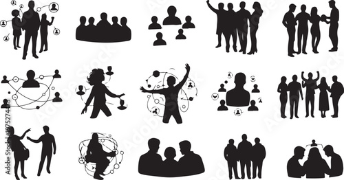 Silhouette icons of people in various social interactions online