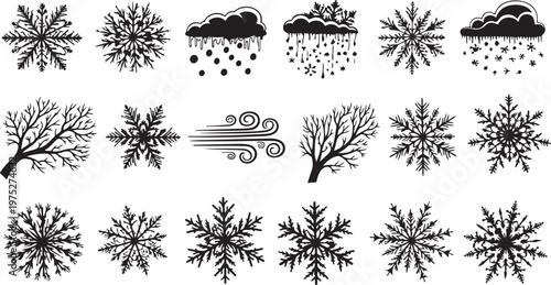 Winter weather icons and snowflakes in black and white