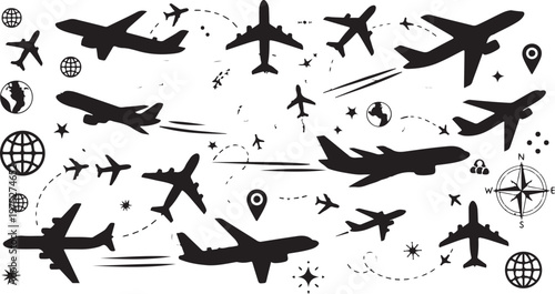 Airplanes Silhouettes in Flight with Travel Icons and Symbols