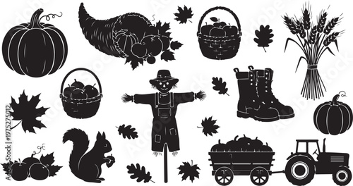 Autumn Harvest Icons and Symbols in Black and White