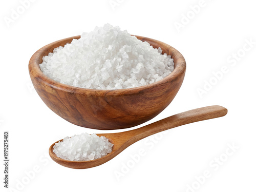 Natural Sea Salt Crystals in Wooden Bowl with Spoon Isolated on Transparent Background