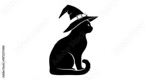 Black Cat Wearing Witch Hat Silhouette, Halloween Icon, Isolated on White
