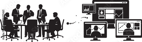 Business team meeting with data analysis on computer screens