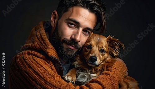 A man with a beard, wearing an orange sweater, embraces a small brown dog in a studio setting. The dog appears content