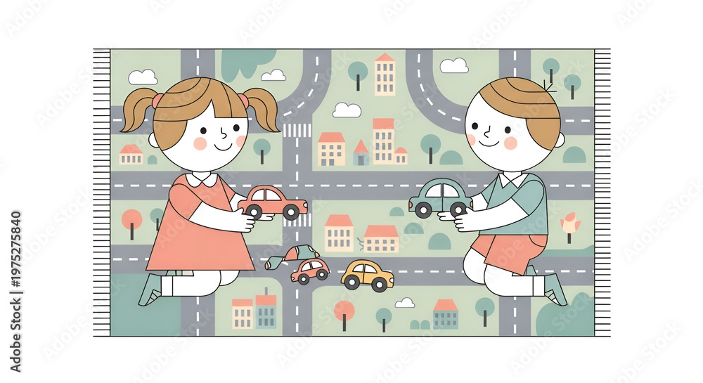 Obraz premium Cheerful children playing with toy cars on a colorful map rug in a playroom illustration; cute cartoon kids with cars and cityscape background