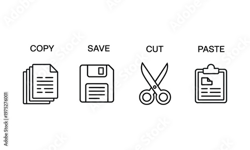 vector icons for text editing, including copy, save, cut and paste symbols for digital applications and web platforms.