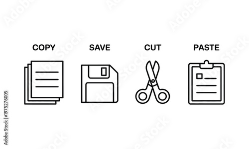 vector icons for text editing, including copy, save, cut and paste symbols for digital applications and web platforms.