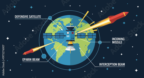 Space Defense Satellite System Intercepting Incoming Missile with Laser Beam in Earth Orbit
