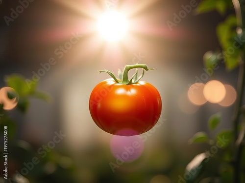 Sun-kissed tomato captured mid-air, a whisper of greens blurring into pastel dreams, hinting at wholesome nourishment,  organic,  airy