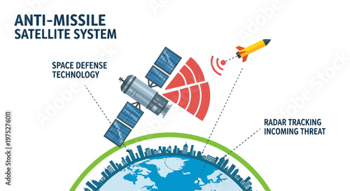 Anti-Missile Satellite System Vector Illustration, Space Defense Technology, Radar Tracking Incoming Missile Threat over Earth.