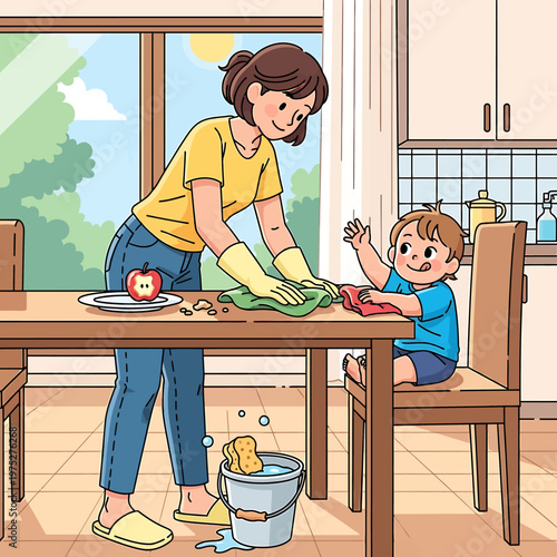 Caring mother cleaning a dining table with a helpful young child in a colorful and modern flat vector illustration style
