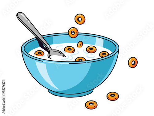 Breakfast cereal bowl vector with milk and falling toasted grain loop snacks art.
