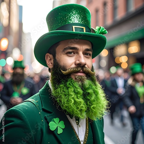 A man with a green beard, green top hat, and a green jacket in a festive street scene