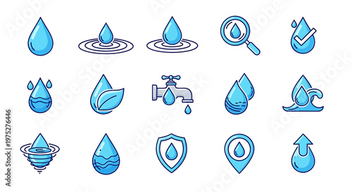 Collection of Water Droplet Icons and Related Symbols representing purity, conservation, and fluid dynamics