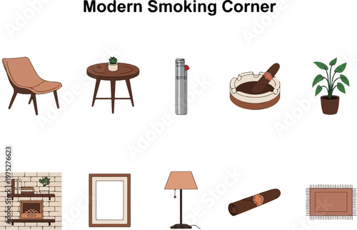 Collection of Modern Smoking Corner Elements for Interior Design and Lifestyle Concepts
