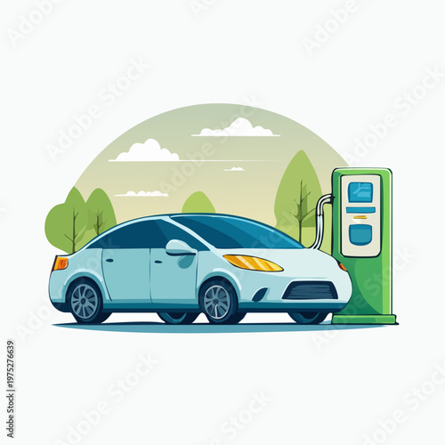 Electric car charging at a green station in a natural landscape.