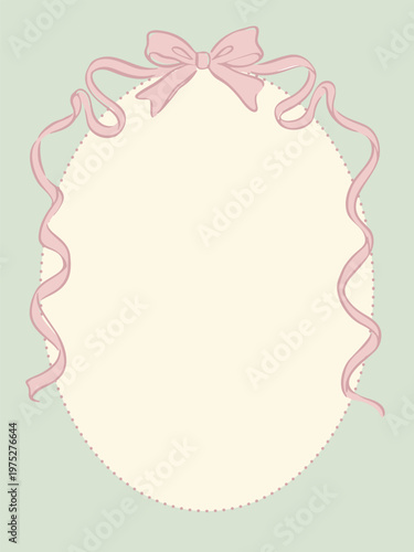 Schilderij op canvas Decorative oval label with pink ribbon bow and curled ribbons vector