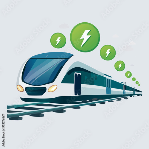 Electric Train on Tracks with Green Energy Symbols.