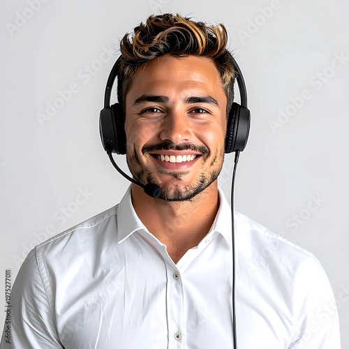 A man with fair skin and brown hair smiles while wearing a headset. He's in a white button-down shirt. The background is white