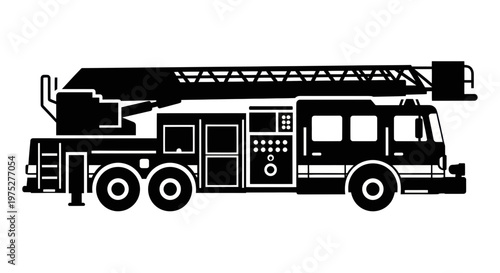 Black silhouette of a fire truck with a ladder against a white background