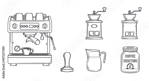 Espresso Machine, Coffee Grinder, Tamper, Milk Jug, and Coffee Jar Illustrations