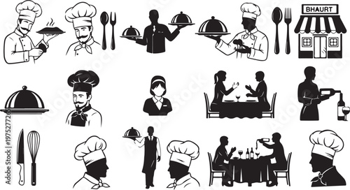 Various chefs and restaurant staff in different poses illustrations
