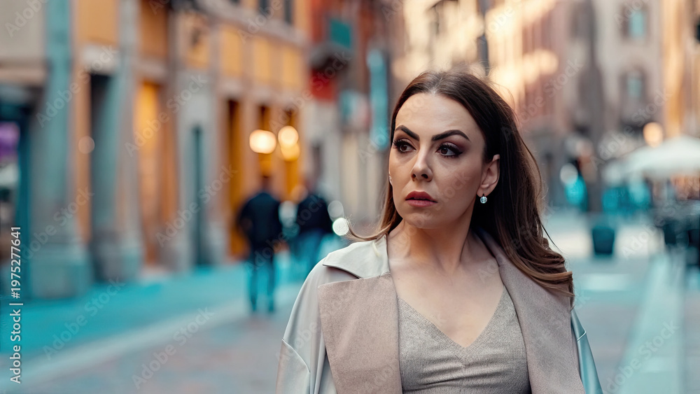 Fototapeta premium Motionless woman amid busy urban square scene concept. A woman walking through the city streets, showcasing urban life.