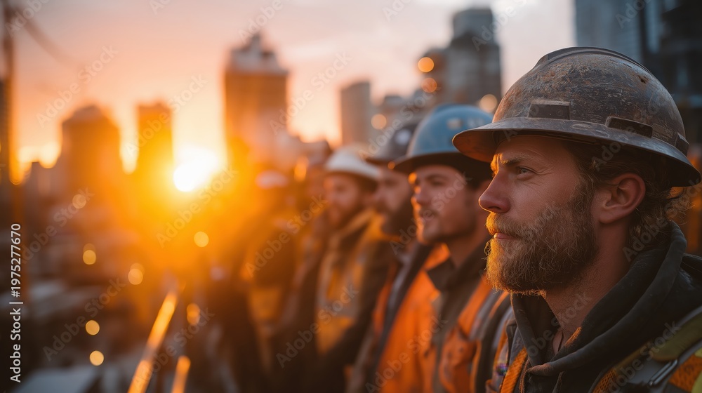 Obraz premium Construction workers in helmets stand on a site with a city skyline at sunset, highlighting teamwork and urban development.