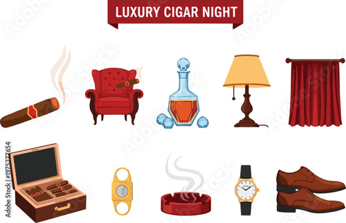 A curated collection of luxurious items perfect for a sophisticated cigar night, featuring rich furnishings and refined accessories for an elegant experience