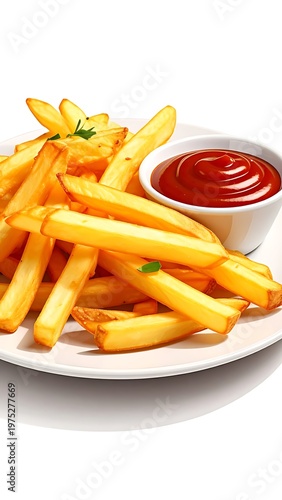A plate filled with golden-brown, crispy potato sticks is accompanied by a small white bowl of rich, red condiment