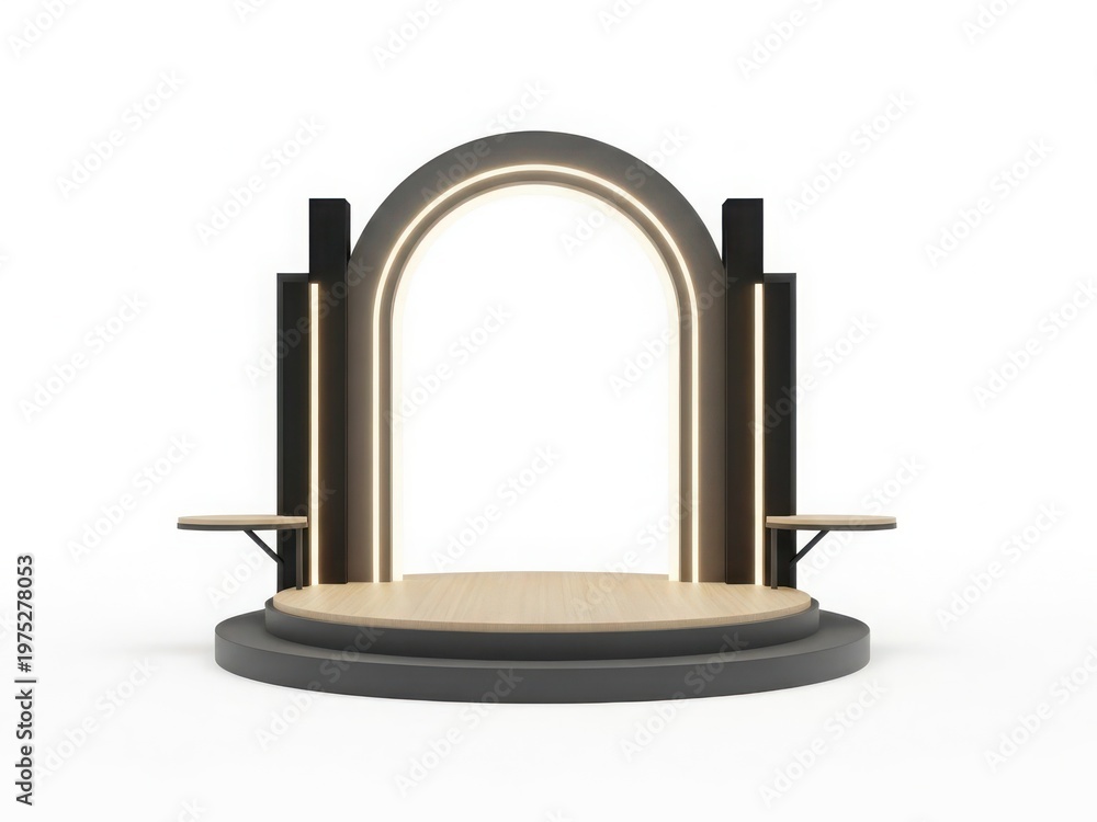 Fototapeta premium Modern wooden podium with a sleek black and gold design on a white background.