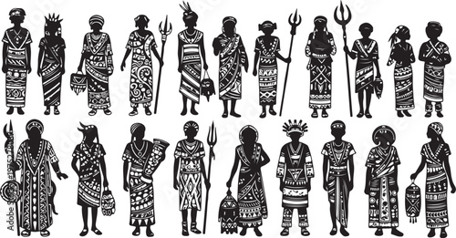 African tribal people in traditional clothing and accessories illustration