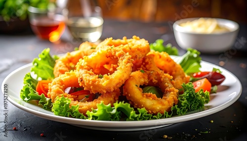 A plate filled with golden-brown, crispy rings on a bed of greens with tomatoes; some sauces sit nearby