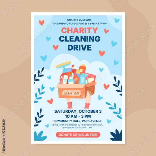 Charity household donation box with light heart background. Volunteer hands raise a flat box with goods and gift items for care and aid. Clean blue red color poster for community donate event social