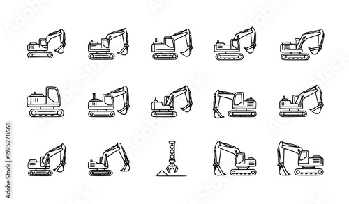 Minimal Excavator Line Icons Set Construction Digger Machinery Collection