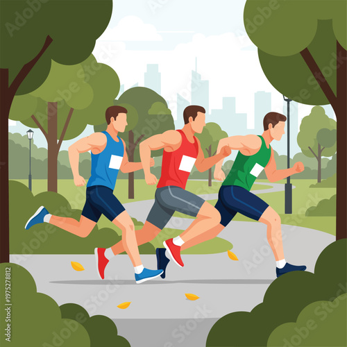 Three male athletes running together in a competitive race event.