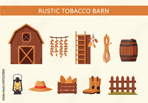 Rural Tobacco Barn Collection A Rustic Farm Scene With Vintage Tools and Structures