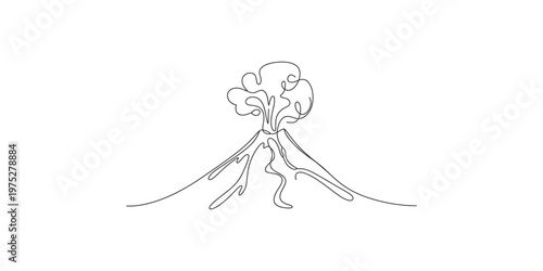 A minimalist single line drawing of an erupting volcano with smoke and lava flow