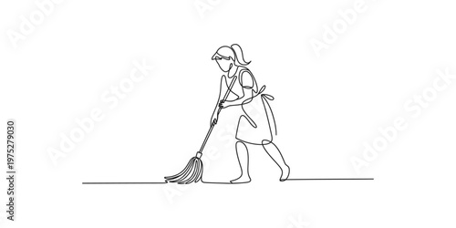 A continuous line drawing of a woman cleaning a floor with a mop, illustrating domestic work.
