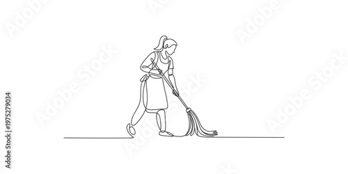 A single continuous line drawing of a woman cleaning the floor with a mop or broom, illustrating domestic chores