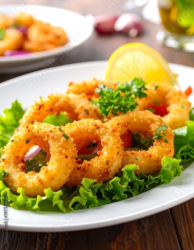 A plate of golden-fried rings is garnished with fresh parsley and a lemon wedge, sitting on a bed of leafy greens