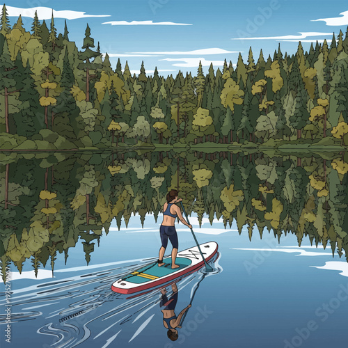 Woman paddling on a stand up paddleboard in calm water.