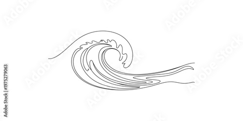 A minimalist single line art illustration of a powerful ocean wave cresting and rolling forward