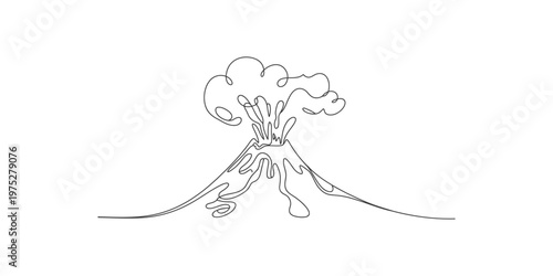 A minimalist single continuous line drawing of a volcano erupting with lava flowing down its slopes and smoke rising from the crater