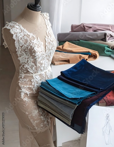 A mannequin displays a partially-sewn white lace dress. Color swatches and rolls of fabric sit on a table, plus a sketch