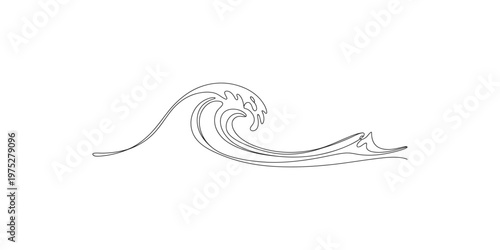 Continuous line drawing of a stylized ocean wave with a large crest breaking over a calm surface