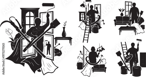 Silhouette of people cleaning and organizing a messy house