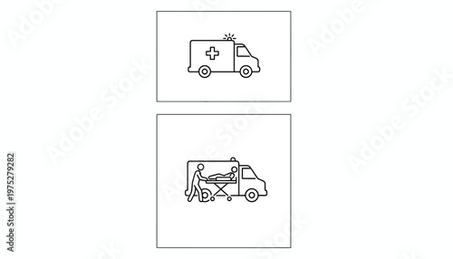 Ambulance icon with medical cross and patient on stretcher, emergency medical service concept