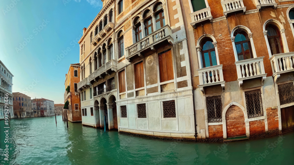 Fototapeta premium Gondola gliding through calm waters by architecture concept. Beautiful historic buildings along a tranquil canal in Venice.
