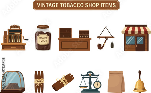 Collection of vintage tobacco shop items and accessories displayed in a cartoon vector illustration